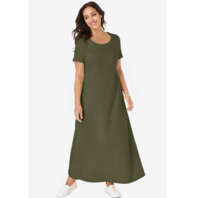 Olive Green Stretch Cotton T-Shirt Maxi Dress PSW-8498
